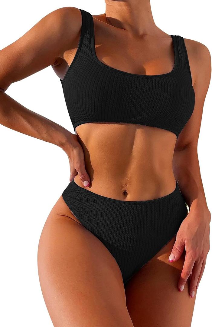 Lilosy High Waisted Ribbed Tank Bikini Set Cheeky Swimsuit 2 Piece (Medium, Black)