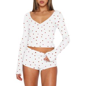Ezbelle Lounge Set 2 Piece for Women Matching Loungewear Shorts Pajama Outfit Button Down Cropped Shirt V Neck Pjs Floral Sexy Set White Heart XS