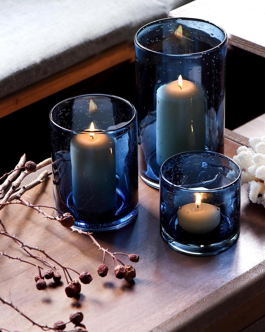ARIAMOTION Blue Candle Holder for Pillar Tealights Modern Bubbles Glass Hurricane Cylinder Vases Table Centerpieces Indoor and Outdoor Use Dining Table Coffee Bar 8" 5" 3.5" Height Set 3