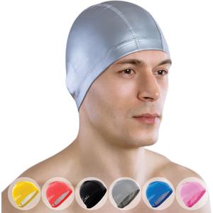 Spandex Swim Cap with Protective Layer // Comfortable Swimming Cap for Women Men Adult and Kids (Silver)
