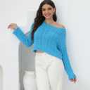2025 Fall Cropped Sweater for Women Off The Shoulder Pullover Fluffy Knit Fashion Crop Top Holes Design (Blue)