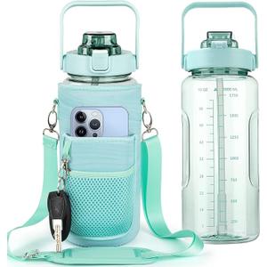 Half Gallon Water Bottle with Sleeve, 64OZ Motivational Water Bottle with Straw & Time Marker, BPA Free Leakproof Large Sports Water Bottle, Reusable Water Jug for Workout Gym Sport