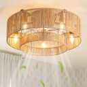 20'' Rattan Boho Ceiling Fan with Light, Enclosed Caged Ceiling Fans with Lights and Remote Control, Coastal Flush Mount with Reversible 6 Speeds for Living Room Bedroom Kitchen