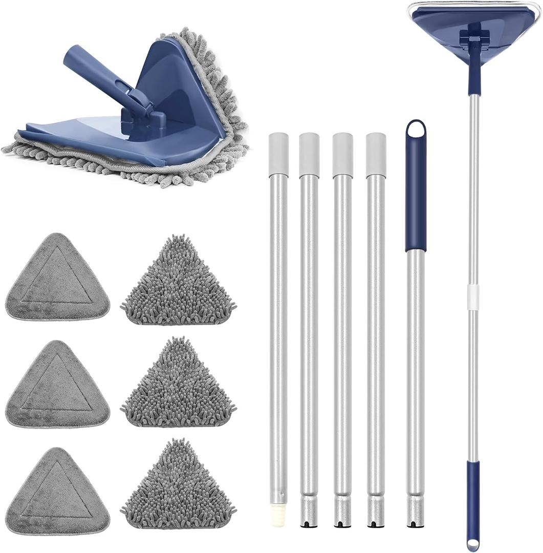 Wall Cleaner Mop with 82" Handle, 360 Rotating Triangle Head and Microfiber Pads, Built-in Squeegee for Ceiling Mop, Baseboard Cleaning and Windows (Blue)