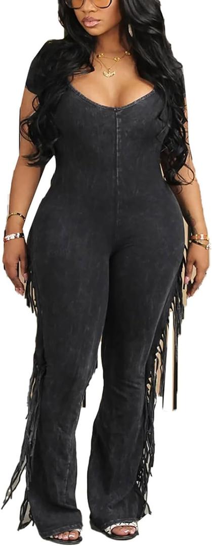 WOKANSE Women's Sexy Solid Bodycon V Neck Fringe Short Sleeve Bell Bottom Long Pants Jumpsuit Romper, Large, Dark Gray