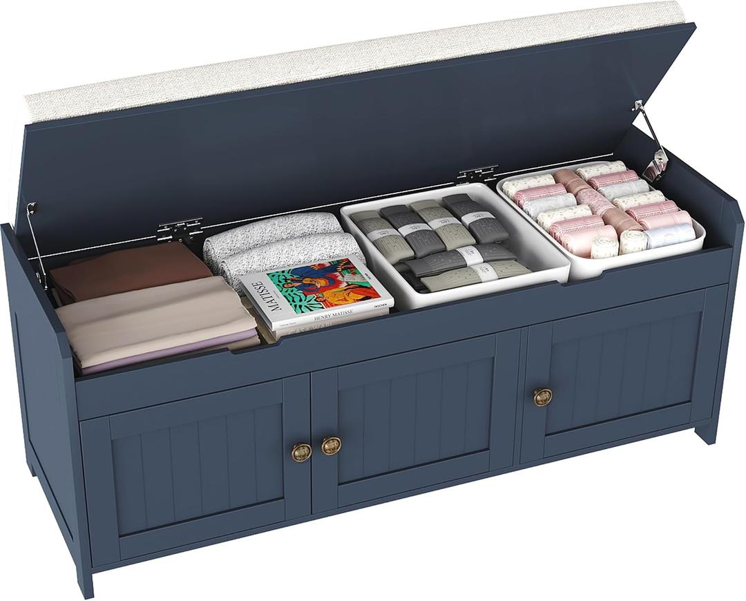 HOMEFORT 41.3" Shoe Bench with Lift Top Storage, Entryway Bench with Cushioned Seat, Wooden End of Bed Bench, Shoe Cabinet Bench with Hidden Storage Space, for Bedroom, Hallway,Blue
