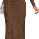 ZESICA Women's Fall Floral Long Sleeve Bodycon Dress 2026 Elegant V Neck Cocktail Party Long Midi Dresses (Brown)
