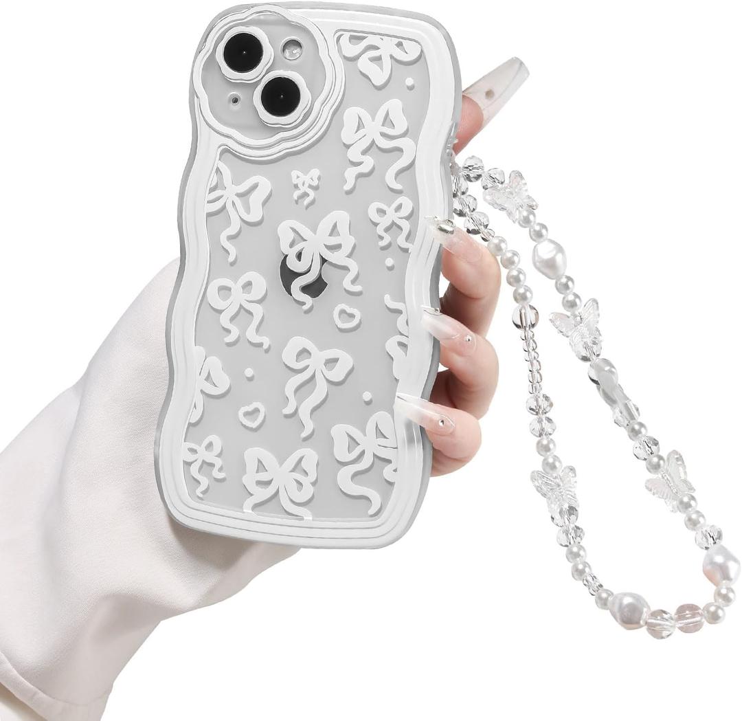 Compatible for iPhone 15 Case Clear Cute Aesthetic Love Heart Bow Design with Bow Chain, Wave Frame Soft Slim TPU Bumper Shockproof Protection Phone Cover for Women Girls -White Bow