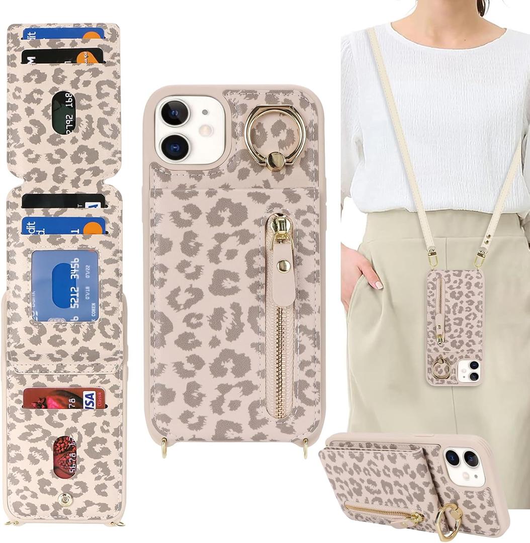 for iPhone 12 Case with Card Holder for Women, for iPhone 12 pro Phone Case Wallet with Strap Credit Card Slots Crossbody with Kickstand Zipper Case - Rice Leopard