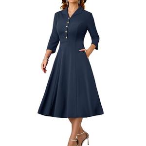 DRESSTELLS Women's Cocktail Vintage Dresses, Modest Winter Wedding Guest Holiday Party Church Work Dress, Long Sleeve Formal Funeral Dress Navy XXL
