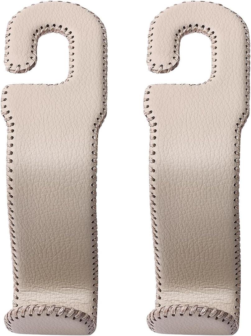 Leather Car Hooks for Headrest - Fully Leather-Wrapped U-Shaped Purse Holder for Car, Flexible Seat Back Organizer & Durable Car Accessories for Purses, Bags, Coats & More (Beige, 2 Pack)