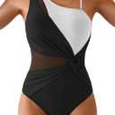 One Shoulder One Piece Swimsuit for Women Mesh Tummy Control Bathing Suit Twist Swimwear with Removable Strap (X-Large, Black and White)