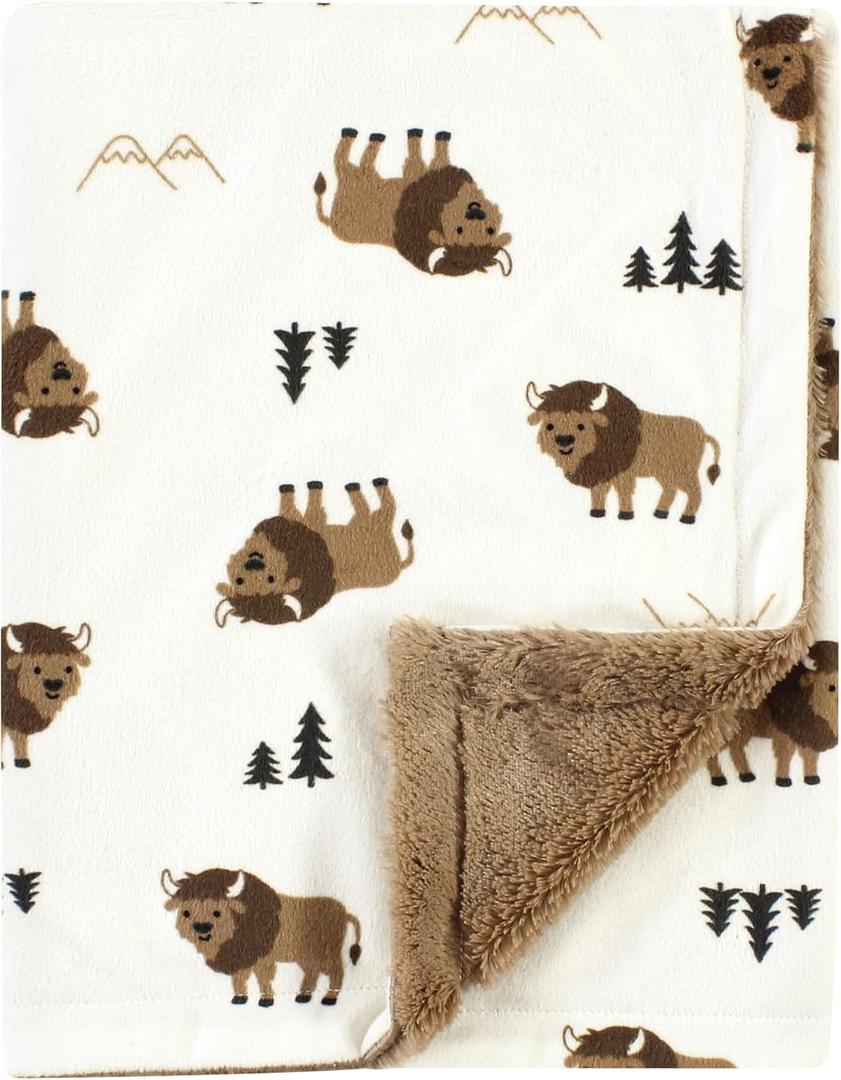 Hudson Baby Unisex Baby Plush Blanket with Furry Binding and Back, Wild Buffalo, One Size