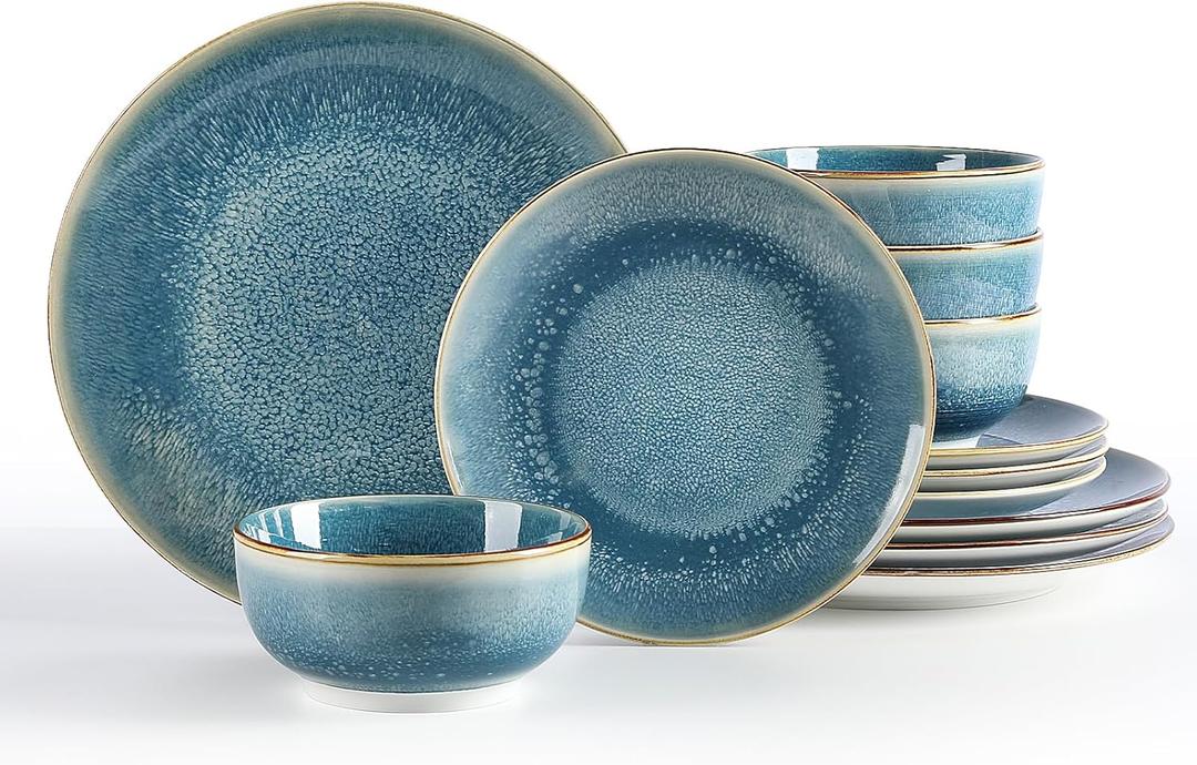 Sweejar Dinnerware Sets Service for 4, 12 pcs Porcelain Plates and Bowls for Kitchen, Housewaring Gift, Chip and Scratch Resistant Dish Set, Handmade Dishwasher and Microwave Safe Plate Set, Blue