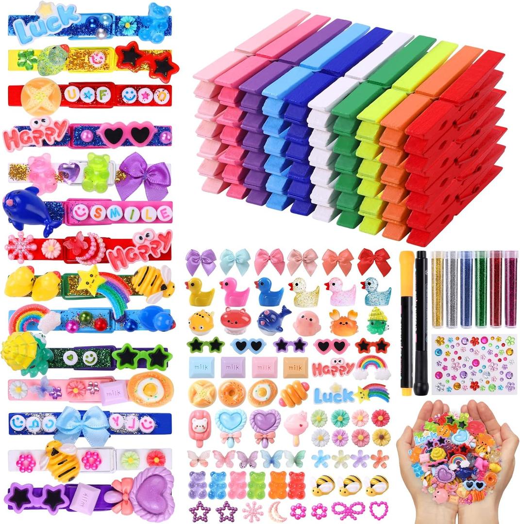 JOICEE 80PCS Cheer Pins Spirit Clips,80 Colored Wooden Clothes Pins 126 Mini Resin Animals Bows Daisy and Stickers Pen 300 Beads Pearls for Backpacks Ribbon Team Classroom Cheer Gifts Bulk (Multicolor)