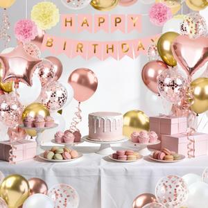 Rose Gold Balloons Decorations For Birthday Party Happy Birthday Banner, Rose Gold Heart Star Foil Confetti Balloons And Pink Paper Party Balloons Decorations Kit