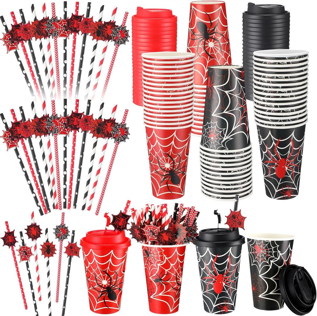 Yungyan 48 Sets 16 oz Halloween Spider Party Favor Goodie Cups with Lids and Straws for Spider Birthday Supplies Red Black Disposable Paper Cups Paper Straws for Halloween Birthday Movie Event