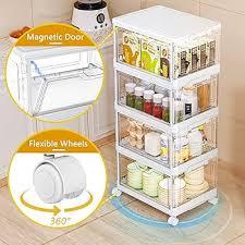 SNSLXH Portable Clear Storage Bins with Lid & Wheels, 24QT Clear Storage Bins with Lid, 4-Tier Plastic Bins with Wheels, Stackable, Magnetic Doors, for Bedroom, Living Room, Office