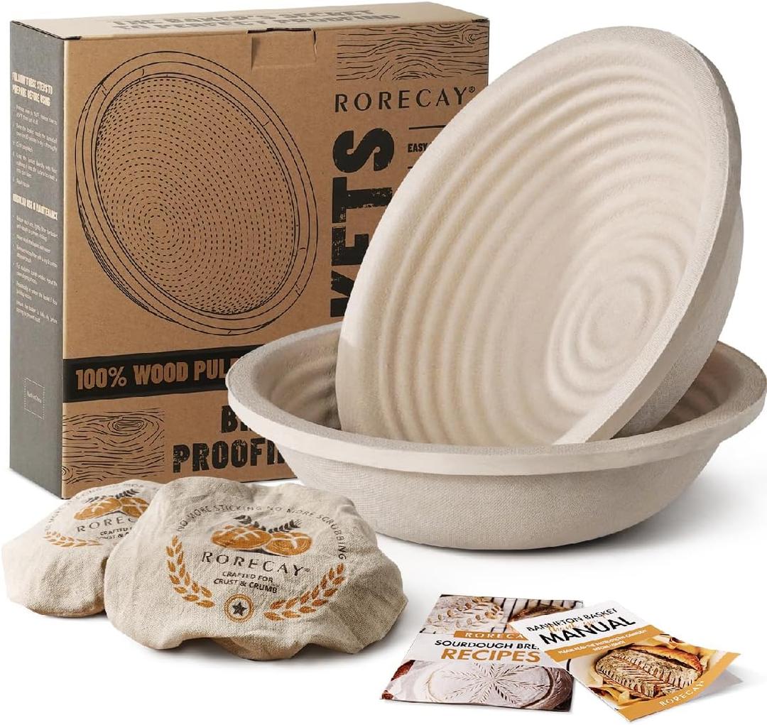 Wood Pulp Banneton Bread Proofing Baskets Set of 2, 9 Inch Round 2.2LB Sourdough Banneton Basket with Liner, Non-Stick Dough Proofing Bowl for Rising and Baking