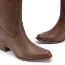 DREAM PAIRS Women's Square Toe Cowboy Cowgirl Boots Embroidered Mid Calf Western Boots Fashion Dress Low Chunky Heel Boots for Theme Party Country Concert (9, Brown-pu)