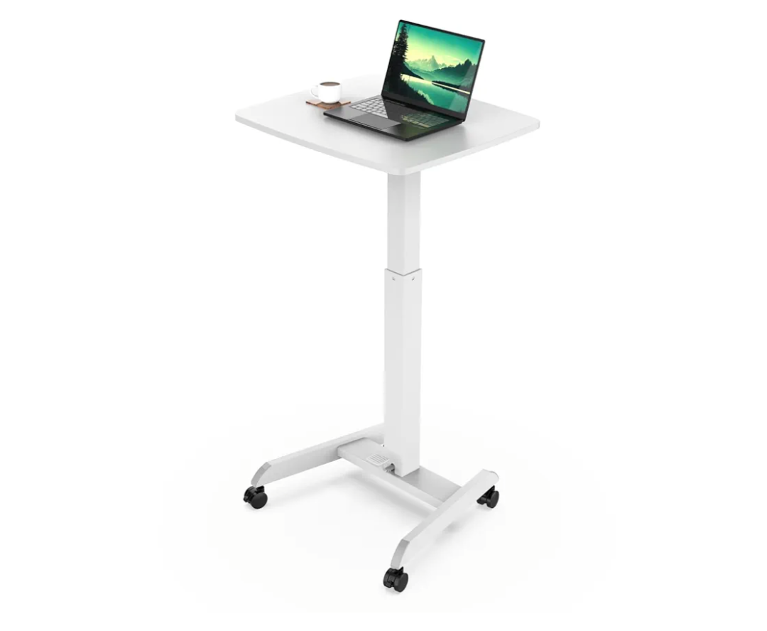 Mount-It! Rolling Laptop Desk Adjustable Height (29.6”-44.2”), Mobile Workstation Cart with 23.6” x 20.5” Desktop, Small Sit-Stand Desk for Home, Office, or Classroom in White