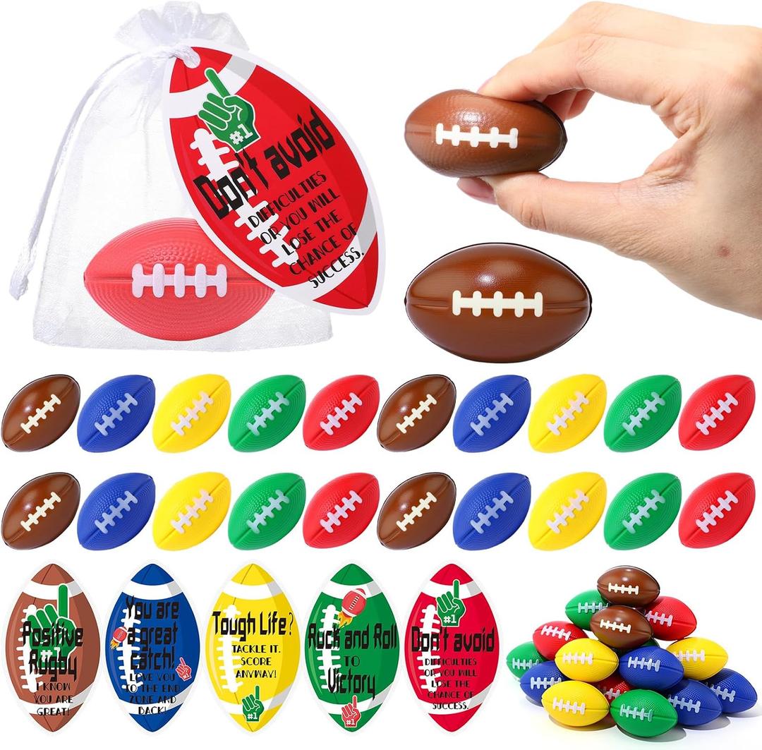 Skylety 20 Set Mini Football Stress Ball 5 Styles Football Party Favor Bulk 2.13 Inch Foam Stress Ball with Inspirational Card for Sport Party Prizes Decor Goodie Bag Stuffer Birthday Gift