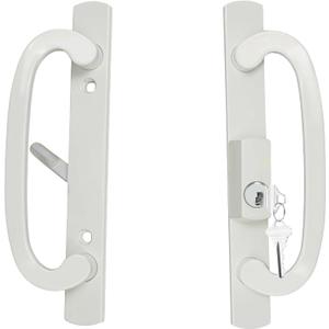 ReigaHood Keyed Sliding Patio Glass Door Handle Set Fits for Truth Legacy & Sash Controls P/N #2265, 45 Keyway w/o Mortise Lock, 3-15/16" Hole Centers, Non-Handed, White Diecast, A/B Position
