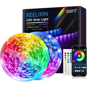 KEELIXIN LED Lights Music Sync RGB LED Strip Lights with APP & Remote Control (50ft-2rolls)