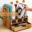 Wood File Organizer for Desk, 3-Section Vertical Folder Holder with Drawer, Upright Binder Rack Stand with Chalkboard Label, Tabletop Magazine Document Sorter for Office Home