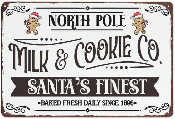 North Pole Milk and Cookie Co Metal Sign Funny Christmas Santa Baked Sign for Home Kitchen Cafe Bar Shop Decor 8x12 inch (SDJKL-17)