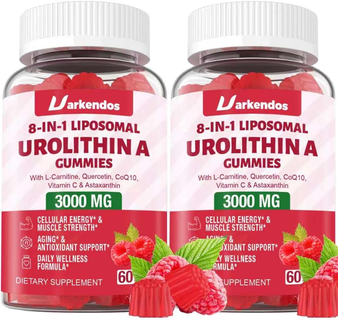 2 Pack Liposome Urolitin A Gummies, 8 in 1 Recipe,Contains Coq10, Resveratrol, L-carnitine, Quercetin, VC, Axanthin, Supplement for Cell Support, Anti-Aging and Energy Promotion