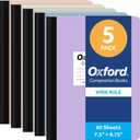 Oxford Composition Notebooks, 5 Pack, Wide Ruled, 80 Sheets, Pastels | Sewn binding keeps all 160 pages in place. Conversion chart and class schedule inside. Color coded covers for each subject.