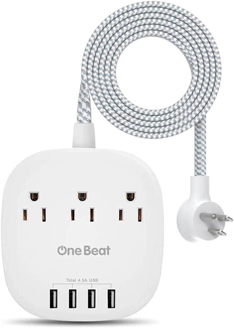 One Beat Desktop Power Strip with 3 Outlet 4 USB Ports 4.5A, Flat Plug and 5 ft Long Braided Extension Cords for Cruise Ship Travel Home Office, ETL Listed