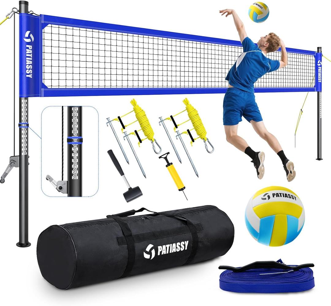 Portable Professional Outdoor Volleyball Net Set with Adjustable Height Aluminum Poles, Winch System, Volleyball with Pump and Carrying Bag for Backyard Beach (Deep Blue)