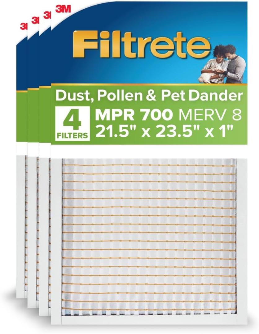 Filtrete 21.5x23.5x1 AC Furnace Air Filter, MERV 8, MPR 700, Tough on Pollen, Easy on Airflow, 3-Month Pleated 1-Inch Electrostatic Air Cleaning Filter, 4-Pack (Actual Size 21.19 x 23.19 x 0.81 in)