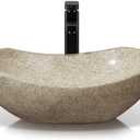 Pufihoby Natural Stone Bathroom Vessel Sinks, Hand-carved Modern Rustic Bathroom Sinks, Canoe Shape Vessel Sink