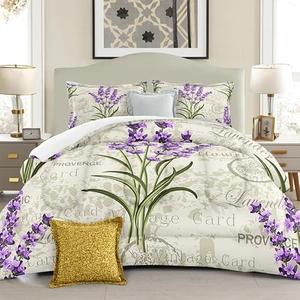 Suklly Purple Lavender Comforter Set Queen Spring Vintage Flowers 3 Pieces Microfiber Bedding Quilt for Couples Boys Girls Teens