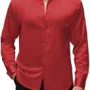 Damipow Satin Silk Mens Dress Shirts Long Sleeve Button Up Shirt Wedding Party Prom Shirt (X-Large, Red)