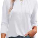 XIEERDUO 3/4 Length Sleeve Womens Tops Round Neck Casual Tunic Tops Basic Pleated Shirts Loose Fit 2025 (Large, White)