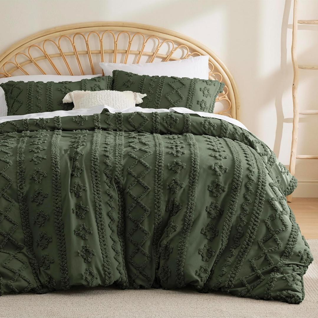 Bedsure Boho Twin Duvet Cover - Tufted Duvet Cover Twin Size for All Seasons, 2 Pieces Soft Shabby Chic Embroidery Boho Bedding, Comforter Not Included (Olive Green, 68" x 90") (Twin/Twin XL (68" x 90"), 09 - Olive Green - Elegant (No Comforter))