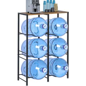 5 Gallon Water Jug Holder, Water Jug Stand with Storage Rack, 3-Tiers Water Dispenser Stand, Water Bottle Stand for Kitchen, Office, Living Room, Brown
