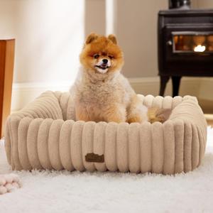 Bedsure ComfyFleece Cute Dog Bed for Small Medium Dogs - Washable Furry Puppy Beds, Rectangle Orthopedic Corduroy Fleece Pet Beds with Removable Zipper Cover, 25x21x7inches, Sandy Beige