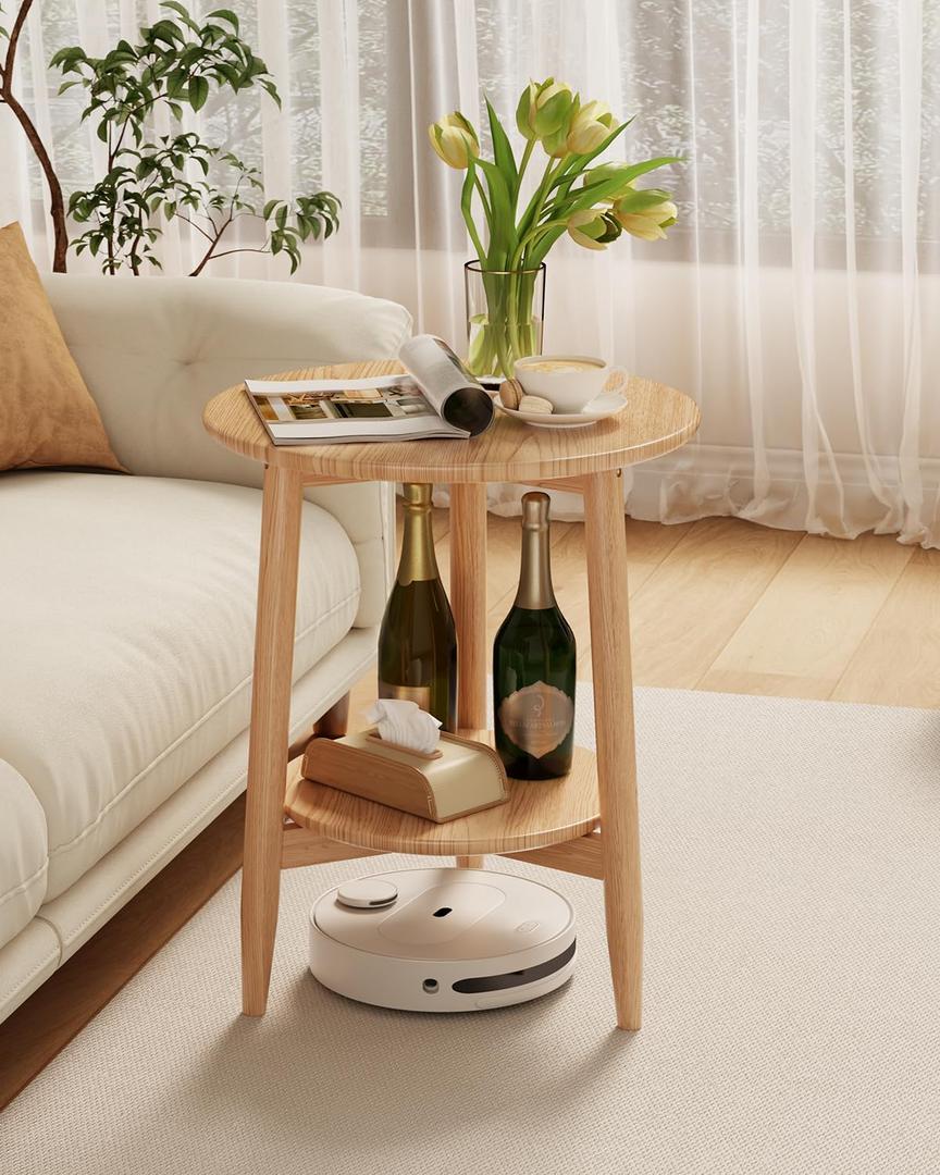 Round End Table,Solid Wood Small Round Table with Lower Shelf,Round Side TableNightstand for Small Spaces,Living Room,Bedroom(Natural)