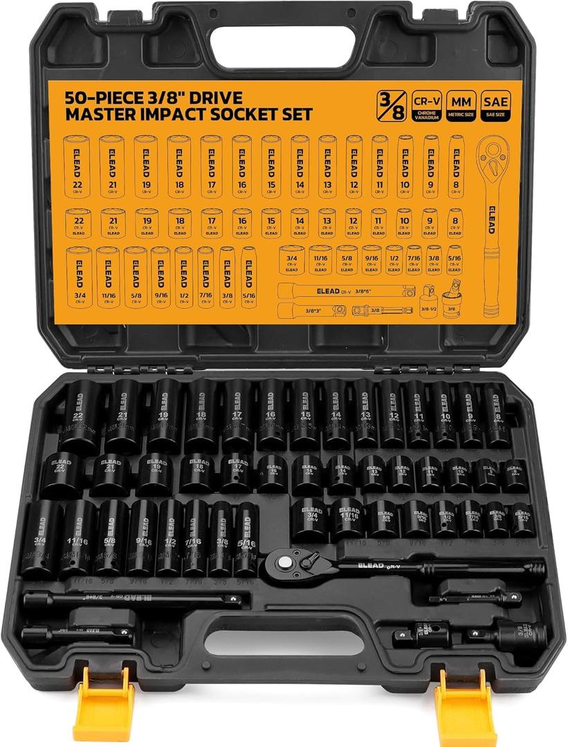 3/8'' Drive Impact Socket Set - 50-Piece Shallow & Deep Socket Set Metric and Standard Full with Universal Joint, Extension Bar, 1/2 to 3/8 Reducer, Hex Shank Socket Adapter, Ratchet Handle