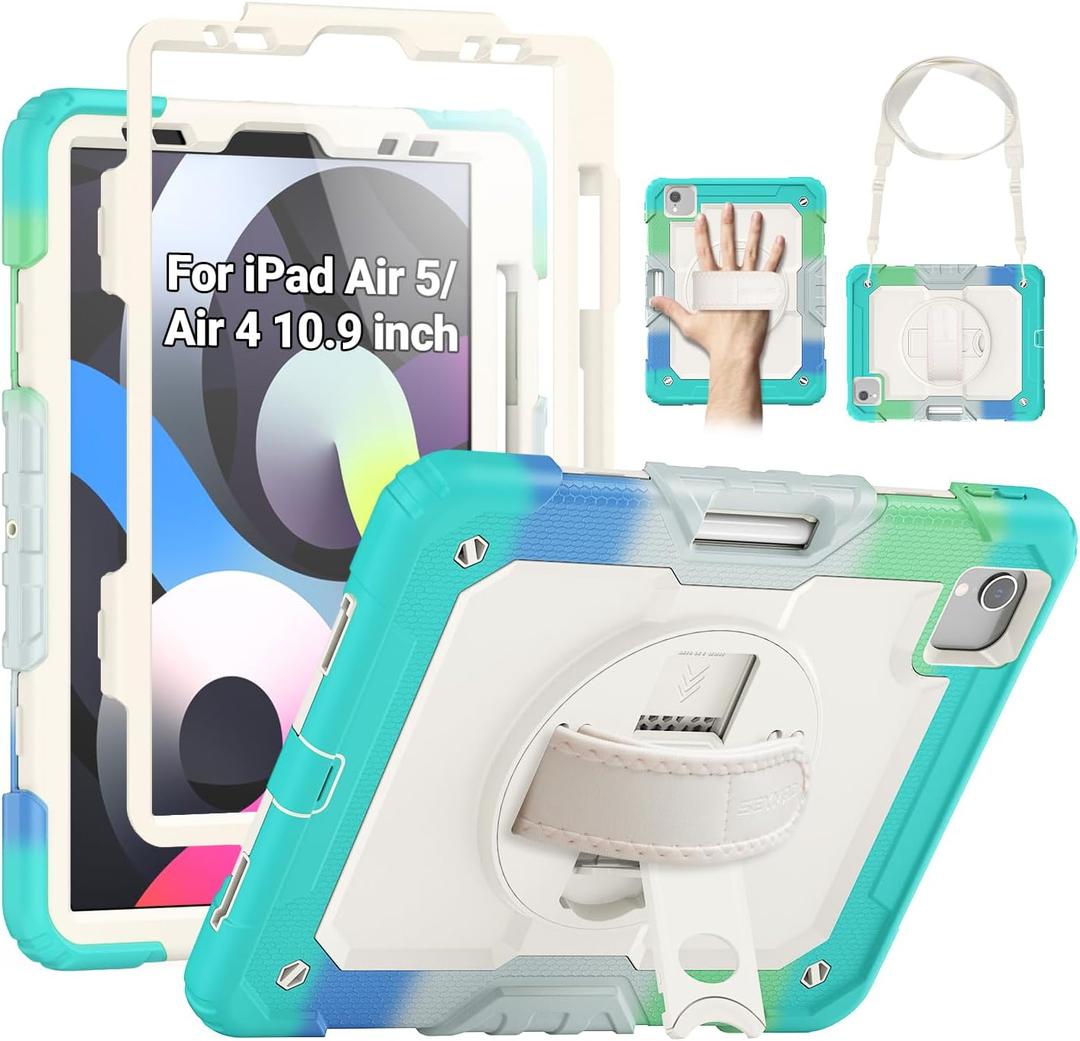 SEYMAC Case for iPad Air 5th/ 4th Generation 10.9", Full-Body Shockproof Protective Case with Screen Protector, Rotating Stand/Handle/Shoulder Strap/Pencil Holder for iPad Air 5/ Air 4, Colorful/Blue