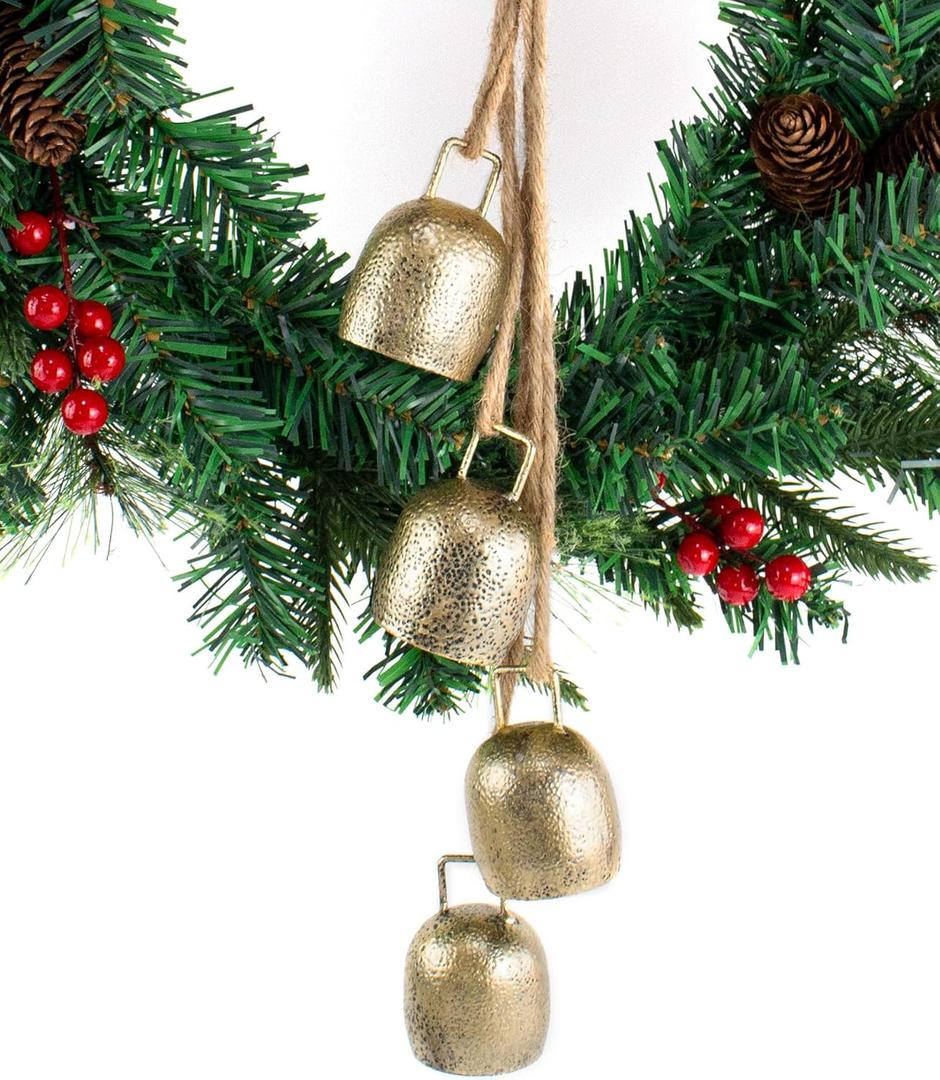 Metal Vintage Christmas Bell with Jute Hanging Rope, Decorative Hanging Bell for Weddings, Parties, Christmas Wreaths, Home Decor