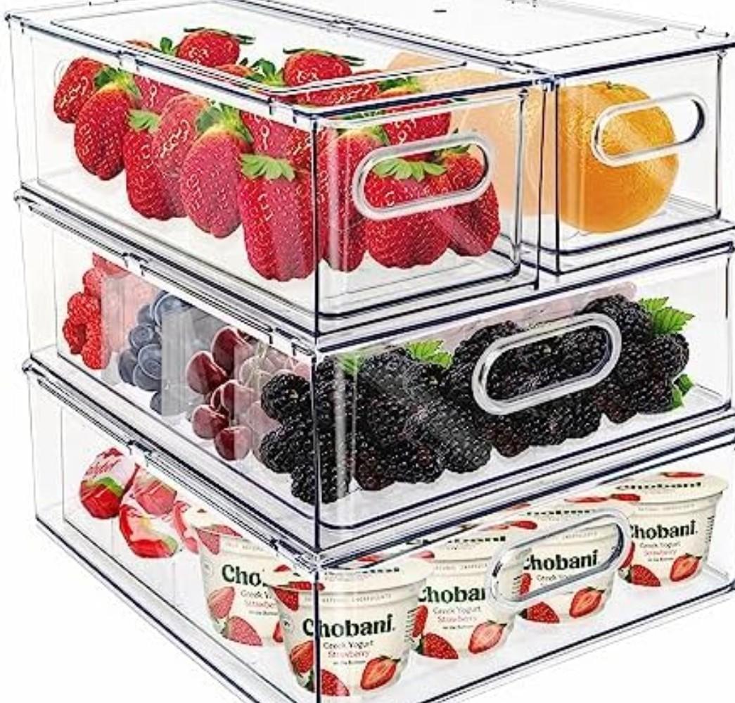 Mano Fridge Drawer Pull Out Stackable Bins with Handle Clear Refrigerator Drawers Organizer Food Storage Container Box with Dividers Plastic Produce Saver for Pantry, Cabinet, Kitchen, Clothes, (4 Pack）