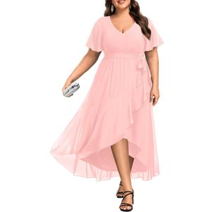 Womens Plus Size Long Dress Chiffon High Low Split Ruffle Evening Bridesmaid Wedding Guest Formal Maxi Dresses (16W, Pink)