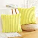 Set of 2 Faux Fur Plush Throw Pillow Covers Soft Fluffy Striped Decorative Cushion Cover for Home Decor, Light Yellow 12x20