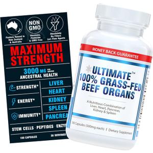 Ultimate 100% Grass Fed Beef Organs Supplement Supports Energy & Whole Body Wellness* with a Complex of Desiccated Beef Liver, Heart, Kidney, Pancreas & Spleen. Pesticide Free & Non-GMO, 180 Capsules, BBD 11/2026